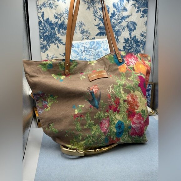 🆕 CHRISTIAN LACROIX 🧿 NWOT Shopping Tote Eden 1 Printed Canvas Taupe & Florals - Picture 2 of 16